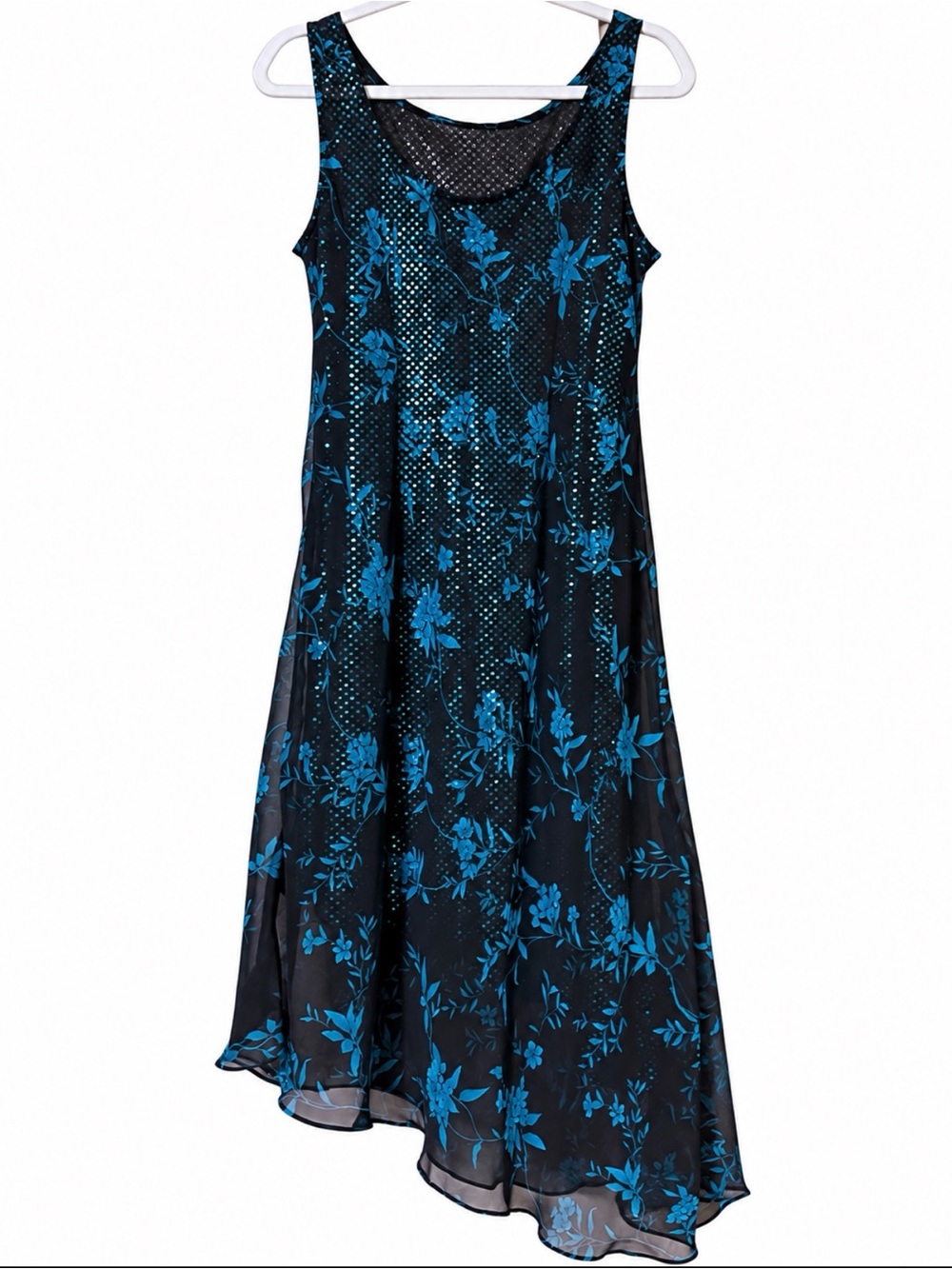 Vintage Jessica Howard Black Teal Floral Sequin Asymmetrical Dress Size 12 Y2K W